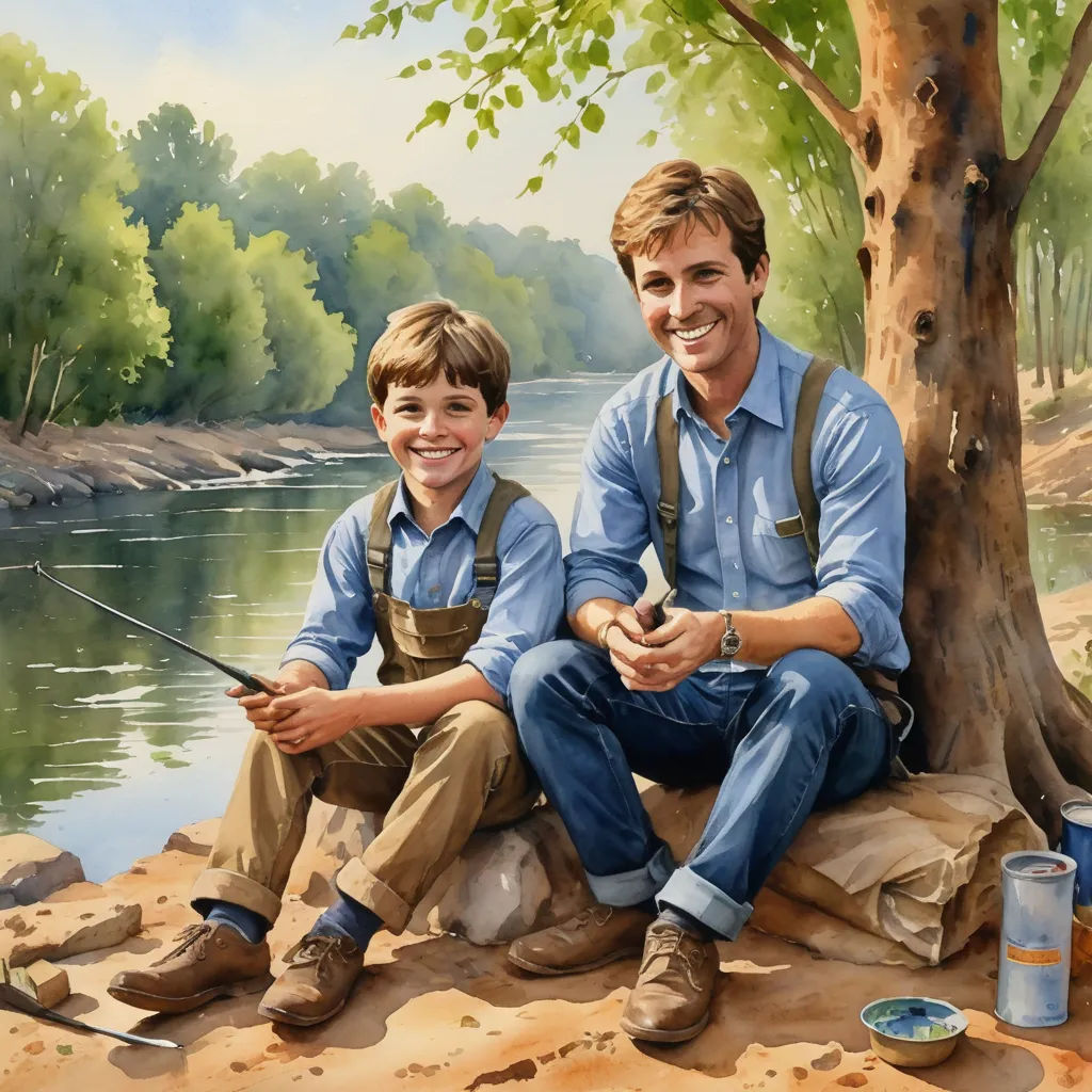 a painting of a father and son fishing together on the river bank with a tree in the background and a riverbank in the foreground, american scene painting, a fine art painting, F. Scott Hess, extremely detailed oil painting