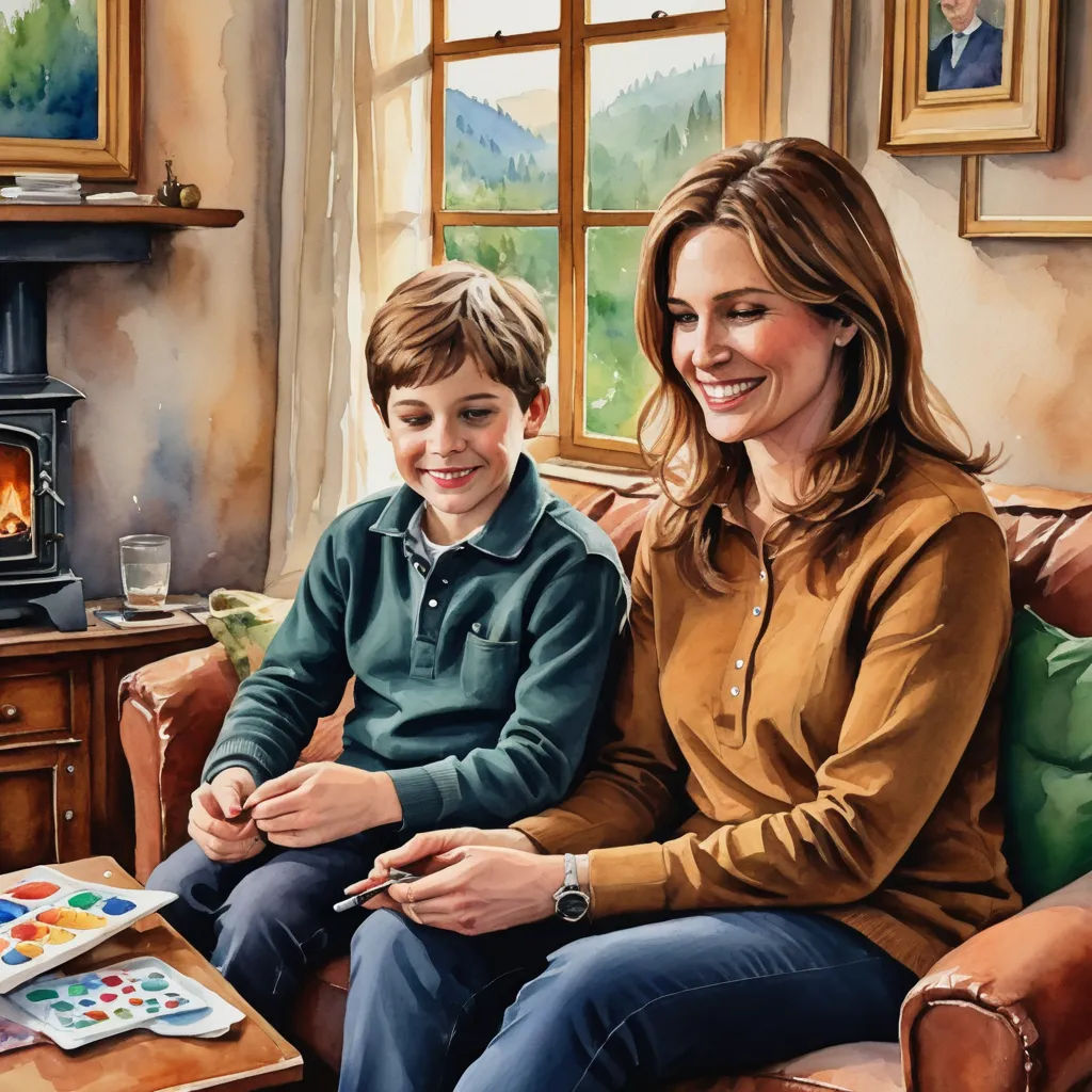 a woman and a boy sitting on a couch in front of a painting of a man and a woman, figurative art, a storybook illustration, David Brewster, detailed painting