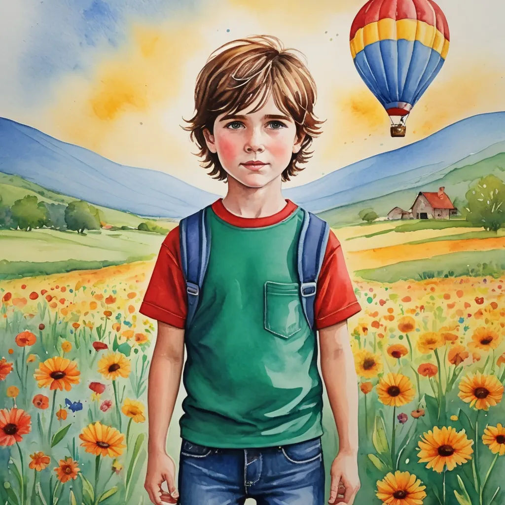 a painting of a boy standing in a field of flowers with a hot air balloon in the sky above him, naive art, a watercolor painting, Aaron Jasinski, book cover