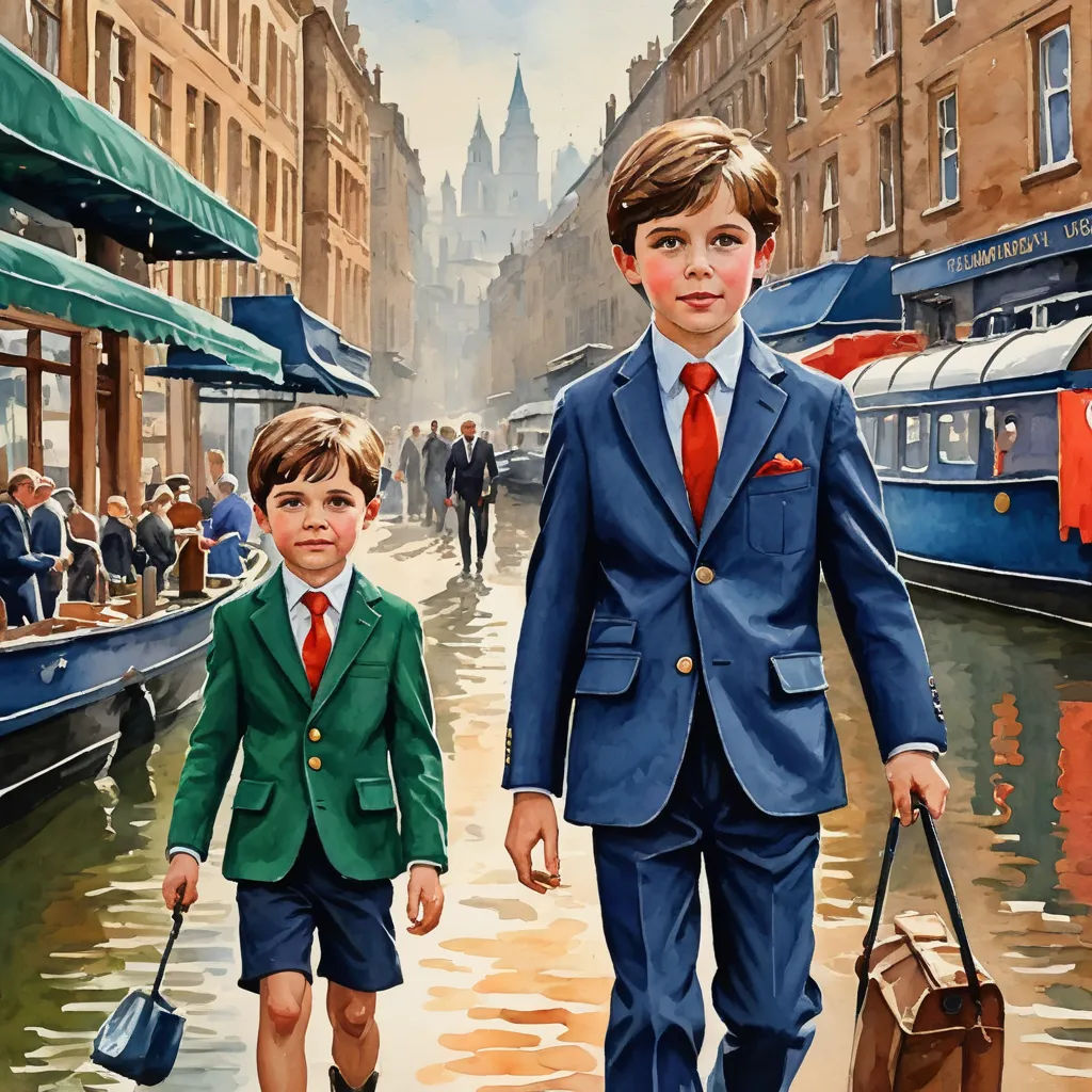 a painting of two boys walking down a street holding hands and carrying luggage in their hands, with a city in the background, naive art, a detailed painting, Brothers Hildebrandt, highly detailed oil painting