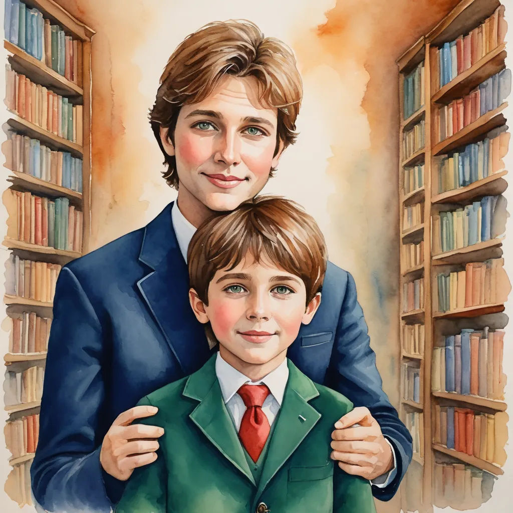 a painting of a boy and a man in a library with bookshelves behind them and a painting of a man in a suit, metaphysical painting, a storybook illustration, F. Scott Hess, book cover