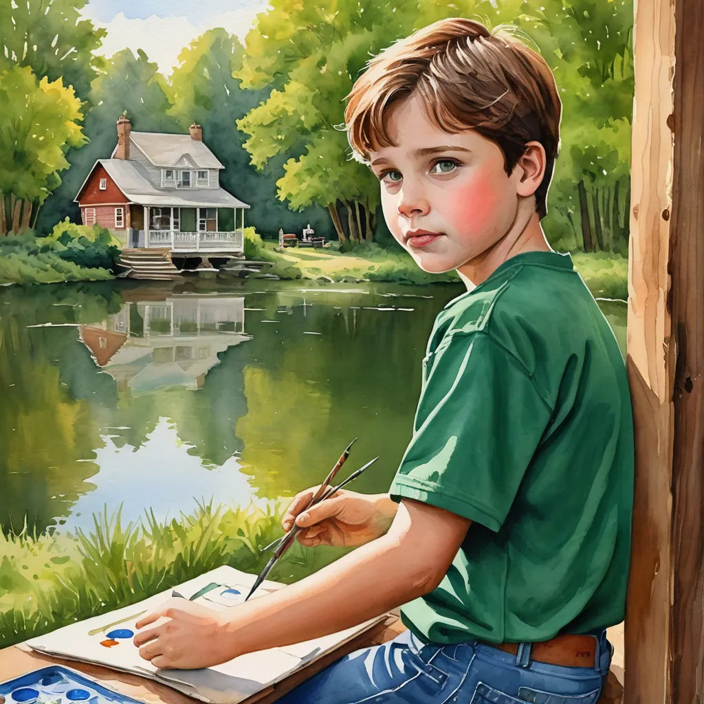 a boy is painting a picture of a house by the water with a brush and palette in his hand, american scene painting, a detailed painting, F Scott Hess, extremely detailed oil painting