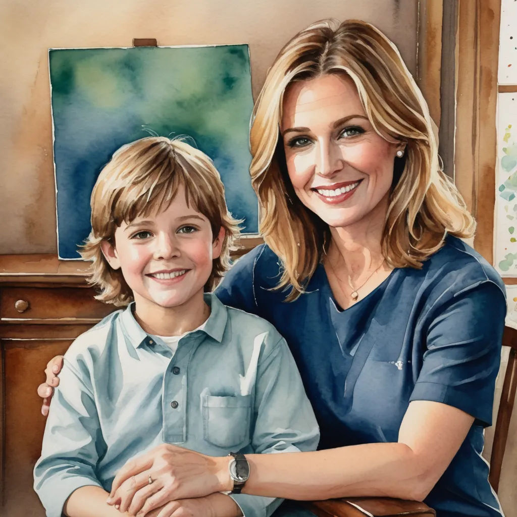 a painting of a woman and a boy sitting together in a chair with a painting of a green background, american scene painting, a photorealistic painting, Elizabeth Forbes, professional digital painting
