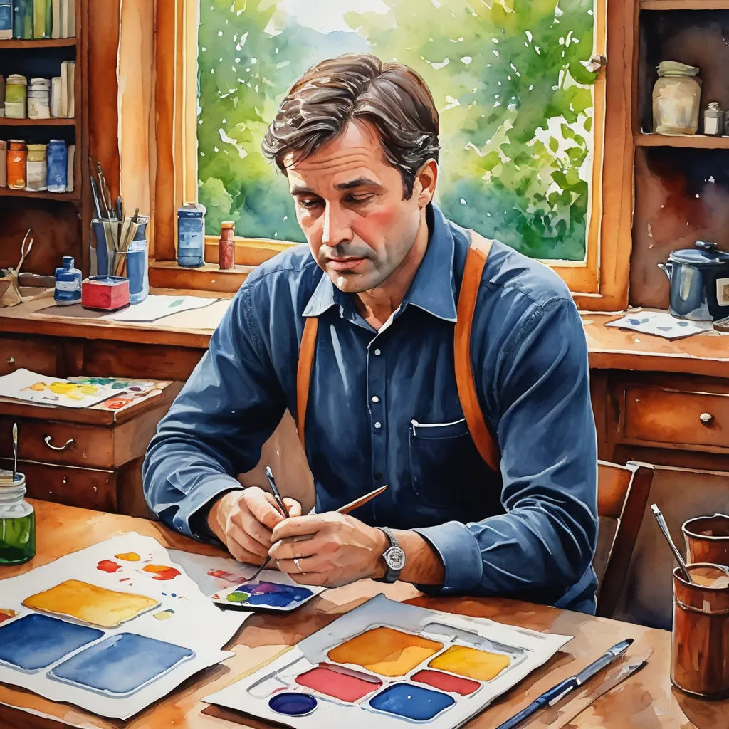 a man is painting on a table with a brush and watercolor paints on it and a window behind him, figurative art, a watercolor painting, Colin Middleton, watercolor