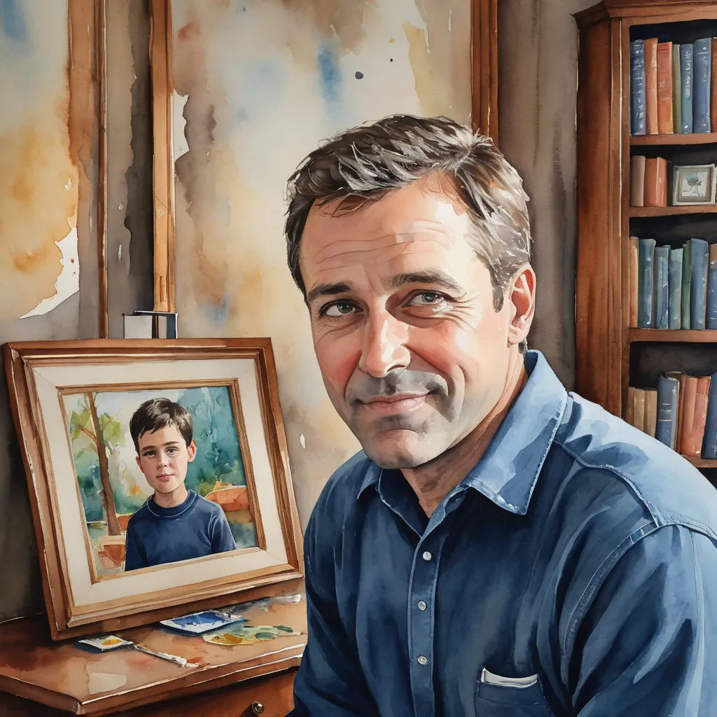 a man is sitting in front of a painting of a boy in a blue shirt and a picture of him, academic art, an ultrafine detailed painting, F Scott Hess, studio portrait