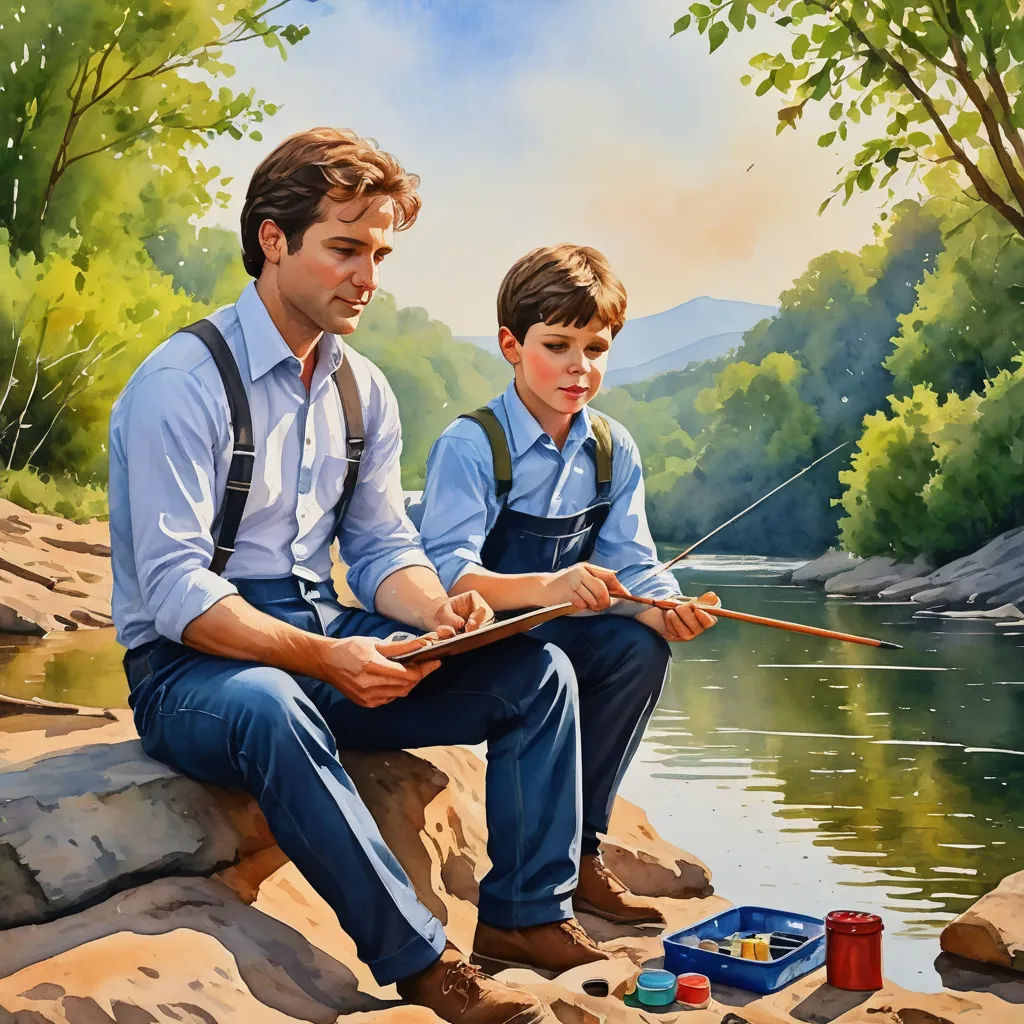a painting of a father and son fishing on the riverbank with a fishing rod and a box of fishing lures, american scene painting, a fine art painting, F. Scott Hess, detailed painting