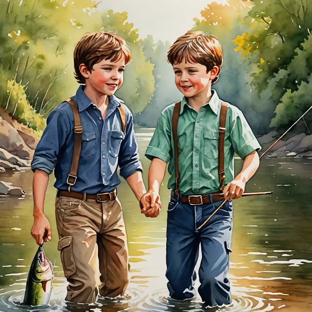 two boys are holding hands while fishing in a river together, one boy is holding a fish and the other boy is holding a fish, american scene painting, a storybook illustration, Bob Byerley, highly detailed oil painting