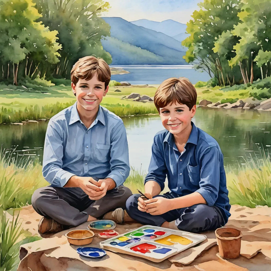 a painting of two boys sitting on a rock with a paint palette and a paintbrush in front of them, american scene painting, a detailed painting, Brothers Hildebrandt, detailed painting
