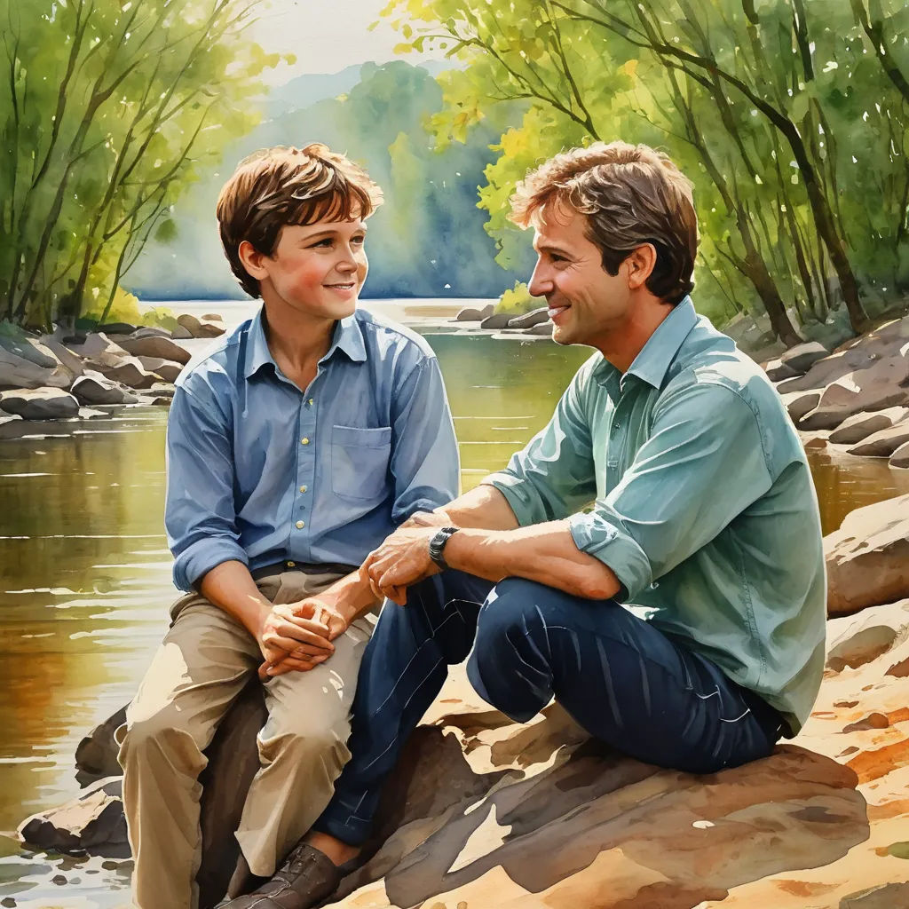 a painting of a man and a boy sitting on a rock by a river with trees in the background, american scene painting, a fine art painting, Brothers Hildebrandt, official art