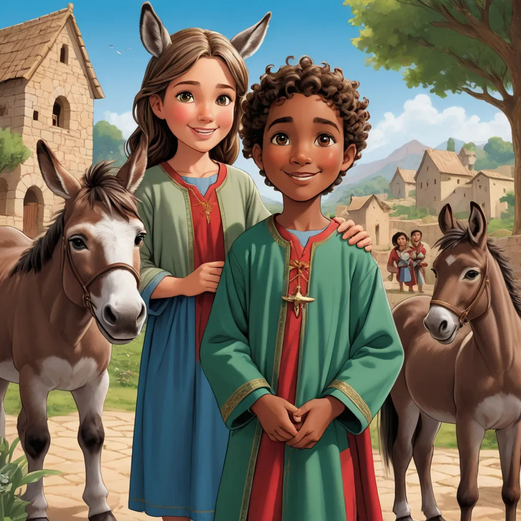 a cartoon of a boy and girl standing next to a donkey and a horse in a village with a horse and a woman, antipodeans, a storybook illustration, Coppo di Marcovaldo, official art