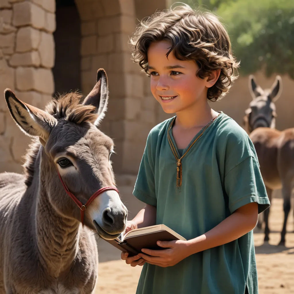 a young boy standing next to a donkey in a zoo enclosure with other donkeys in the background and a stone building, art & language, egyptian art, Bob Byerley, promotional image