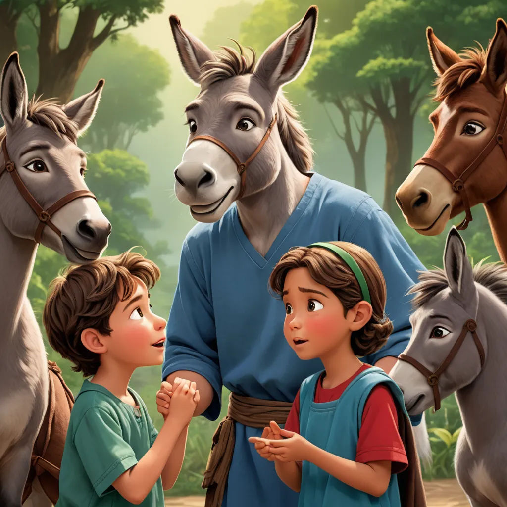 a painting of a boy and a boy standing next to donkeys and a man in a blue shirt, furry art, a storybook illustration, Aloysius O'Kelly, official art