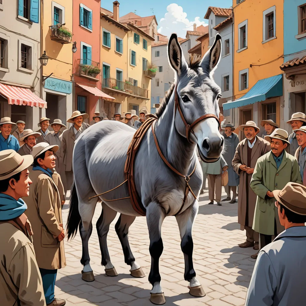 a donkey is standing in the middle of a crowd of people in a town square with buildings and people standing around, massurrealism, a storybook illustration, Carlo Carrà, western comic book art