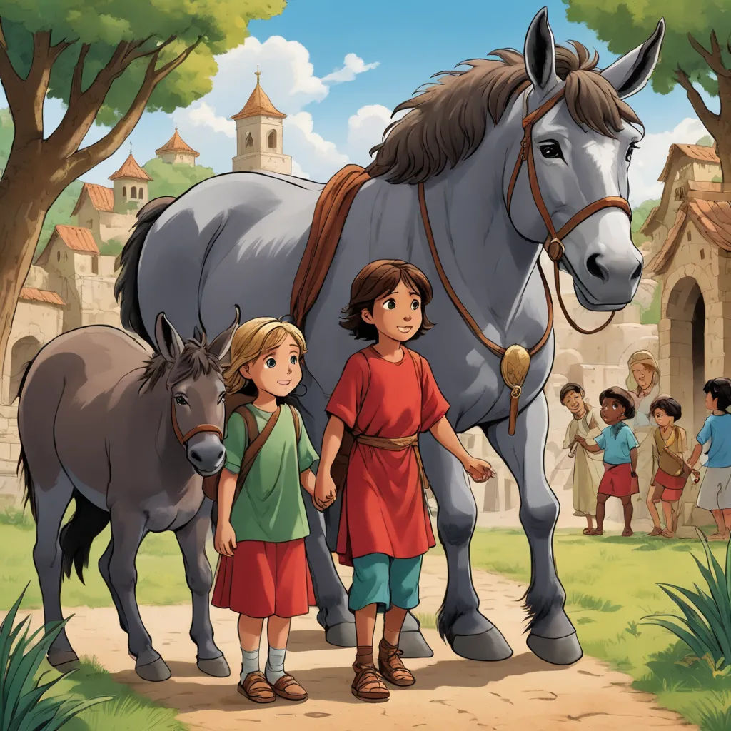 a boy and a girl standing next to a horse in a field with people watching them from the other side, magical realism, a storybook illustration, Eric de Kolb, storybook illustration
