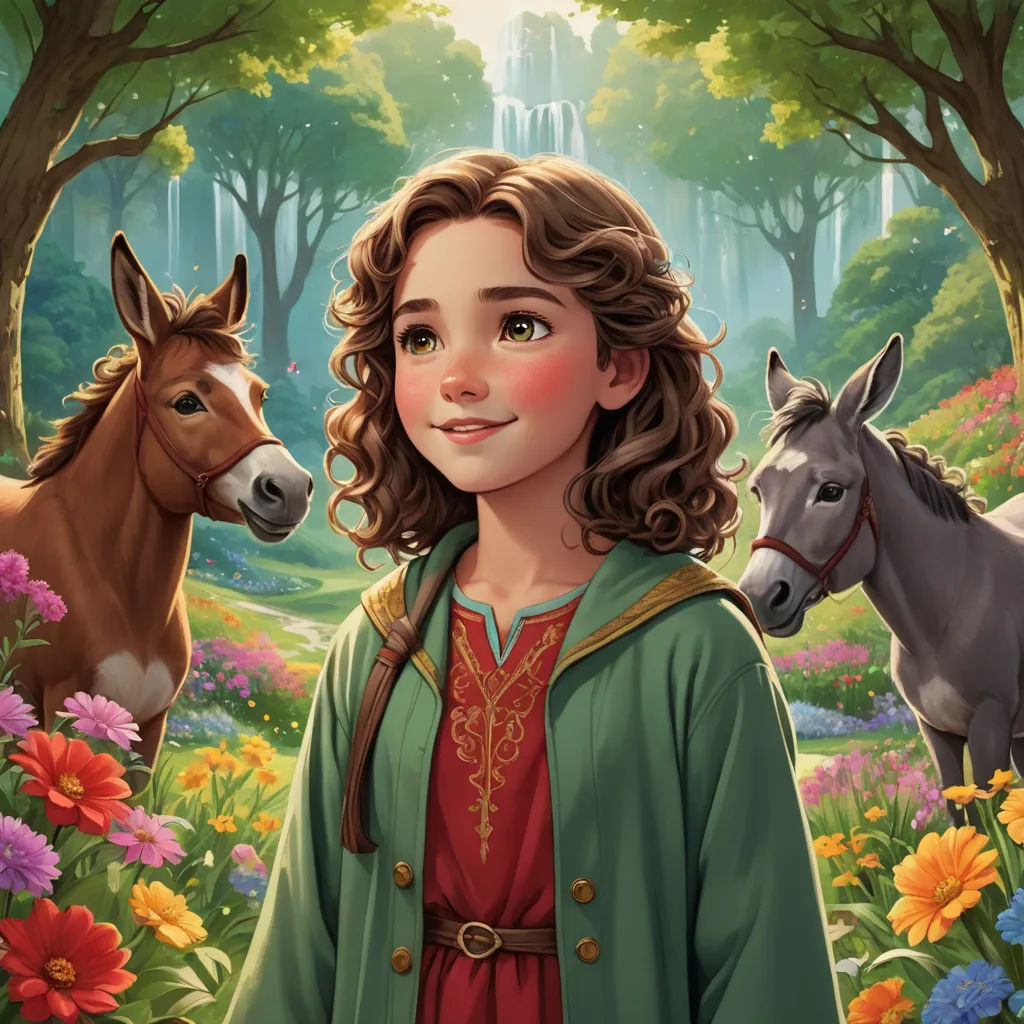 a painting of a girl and two horses in a forest with flowers and trees in the background, with a castle in the background, fantasy art, a storybook illustration, Clarice Beckett, storybook illustration