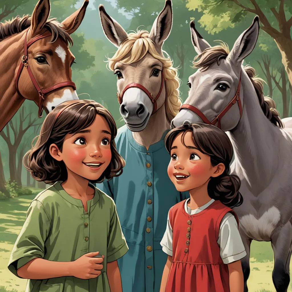 a couple of kids standing next to two horses in a forest with trees and grass behind them and a woman standing next to them, american scene painting, a storybook illustration, Brothers Hildebrandt, storybook illustration