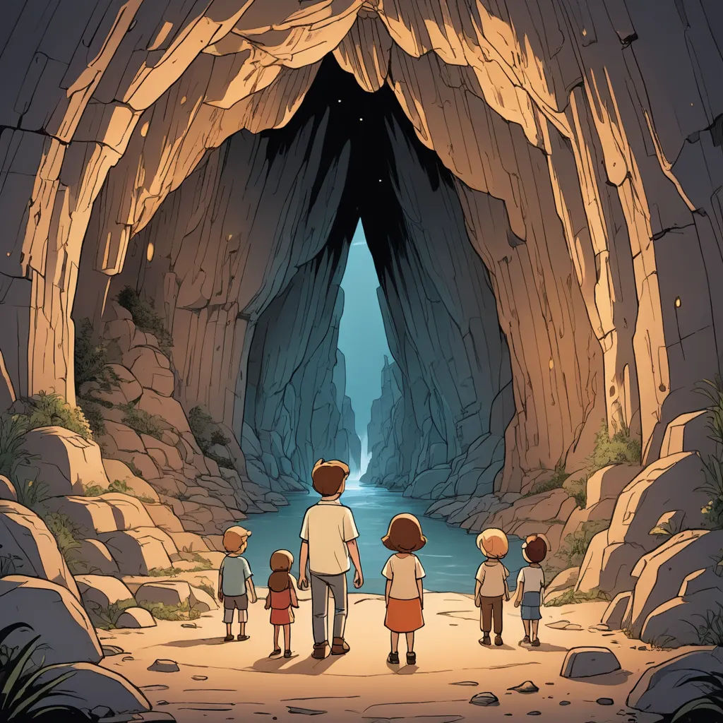 a group of people standing in front of a cave entrance with a river running through it and a man standing in the middle of the cave, process art, a poster, Asaf Hanuka, rossdraws global illumination