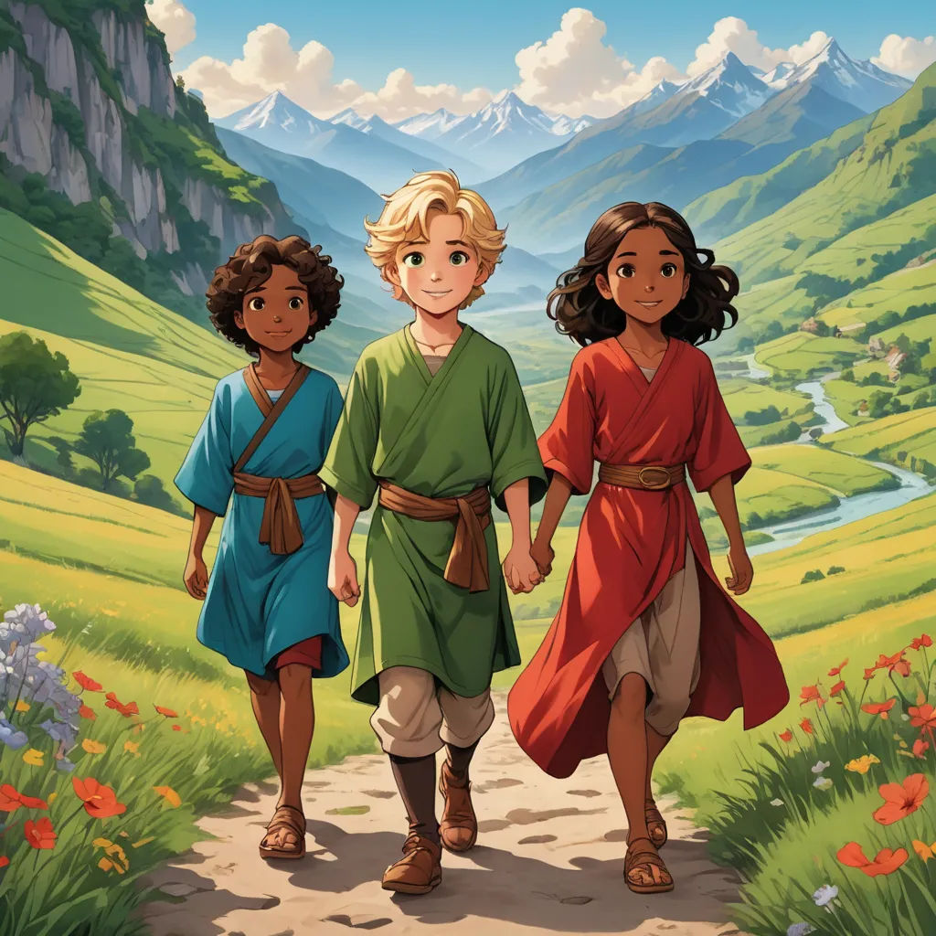 three children walking down a path in a field with mountains in the background and a stream running through the grass, sots art, concept art, Brothers Hildebrandt, official art