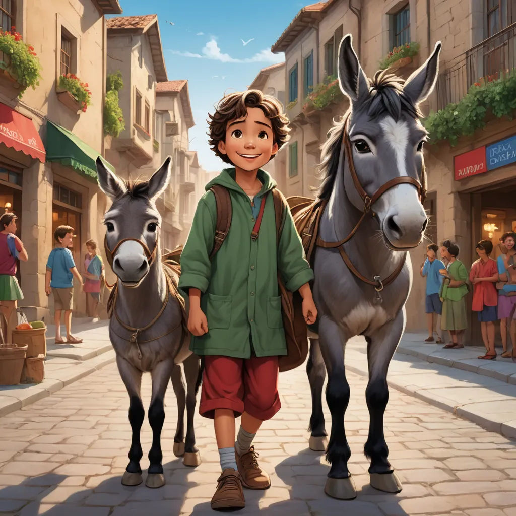 a boy is standing next to two donkeys in a town street with people and buildings in the background, magical realism, a storybook illustration, Emiliano Ponzi, official art