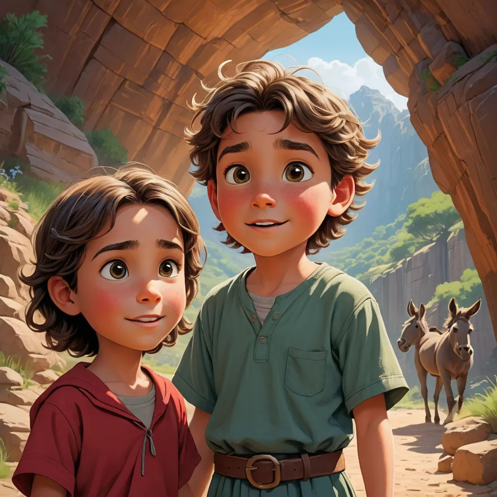 a boy and a girl standing in a cave with horses in the background and a mountain in the background, les nabis, poster art, Brothers Hildebrandt, official art