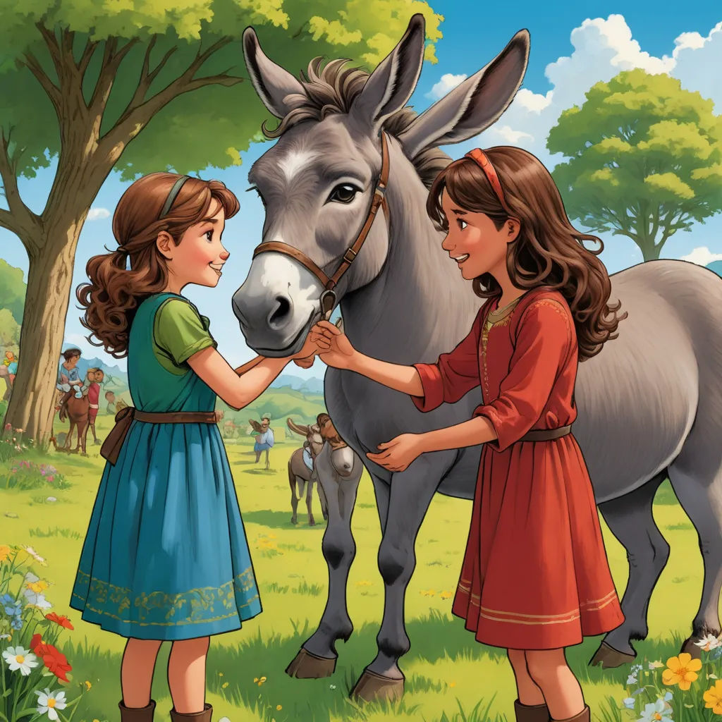 a girl petting a donkey in a field with other people in the background and a horse in the foreground, lyco art, a storybook illustration, Ada Gladys Killins, storybook illustration