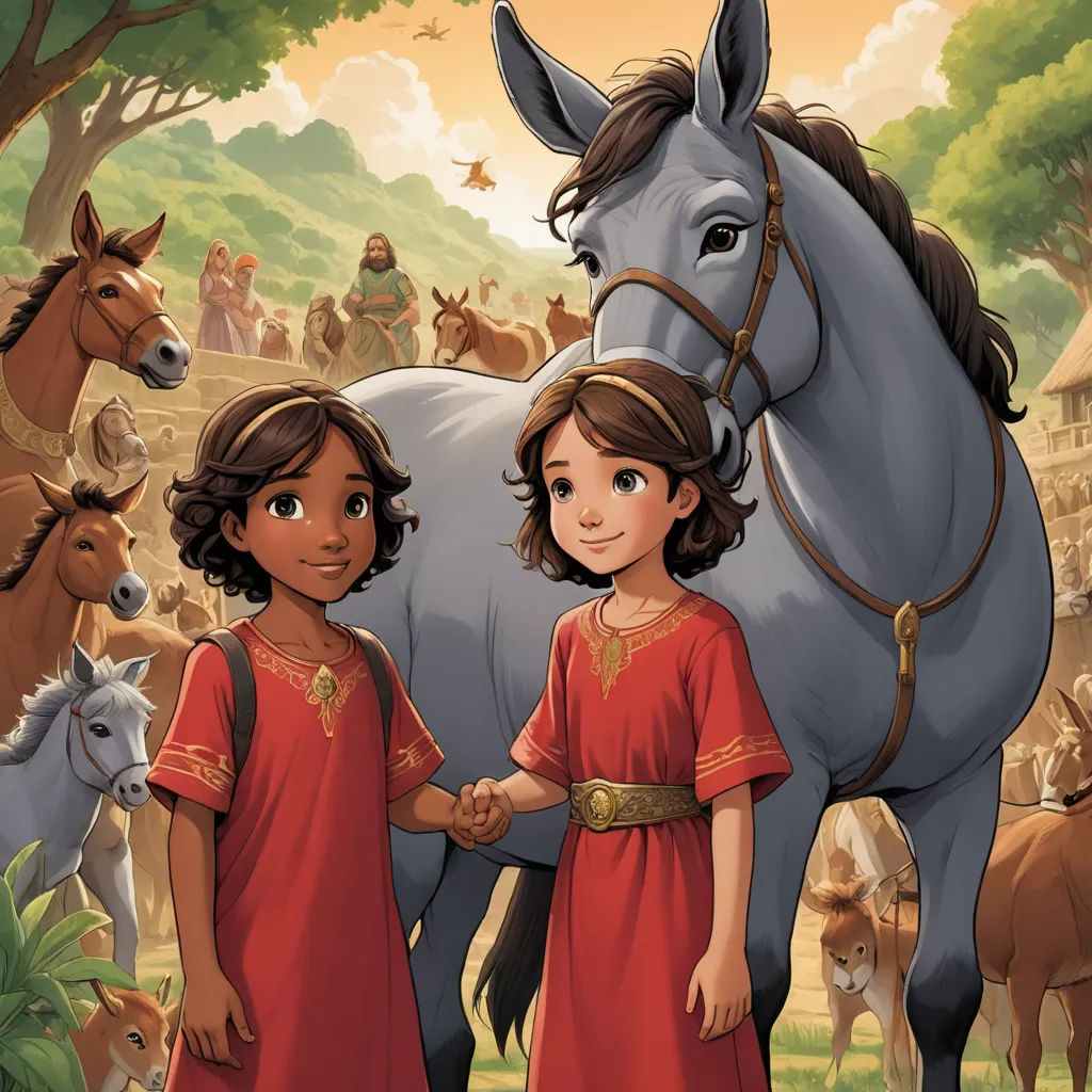 a painting of two girls in red dresses standing next to a horse and other animals in a field with trees, hurufiyya, a storybook illustration, Brothers Hildebrandt, official art