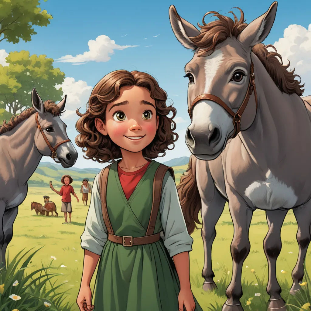 a girl standing in front of two horses in a field with other horses in the background and a boy standing next to her, les automatistes, a storybook illustration, Ada Gladys Killins, official art