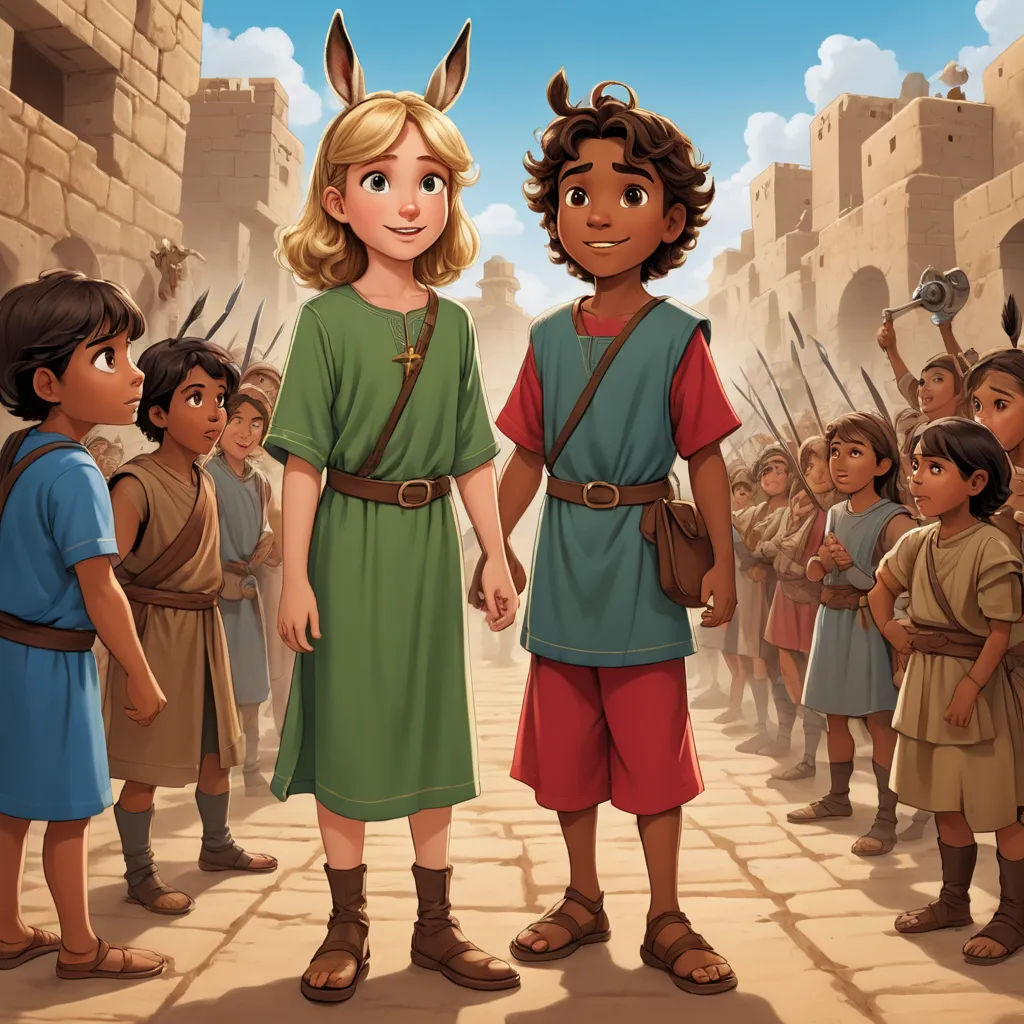 a cartoon of a boy and a girl standing in front of a crowd of people in ancient greek dress, hurufiyya, a storybook illustration, Felix-Kelly, official art