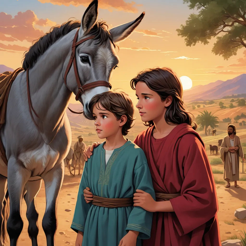 a painting of a boy and a girl standing next to a donkey and a man in a red robe, american scene painting, a storybook illustration, Brothers Hildebrandt, storybook illustration