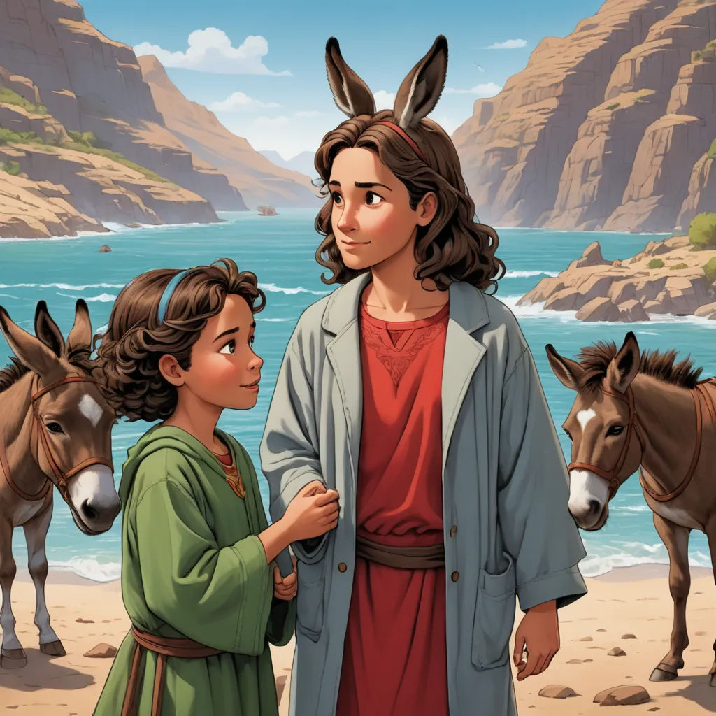 a painting of a boy and a girl standing next to donkeys on a beach with a mountain in the background, lyco art, a storybook illustration, F Scott Hess, official art