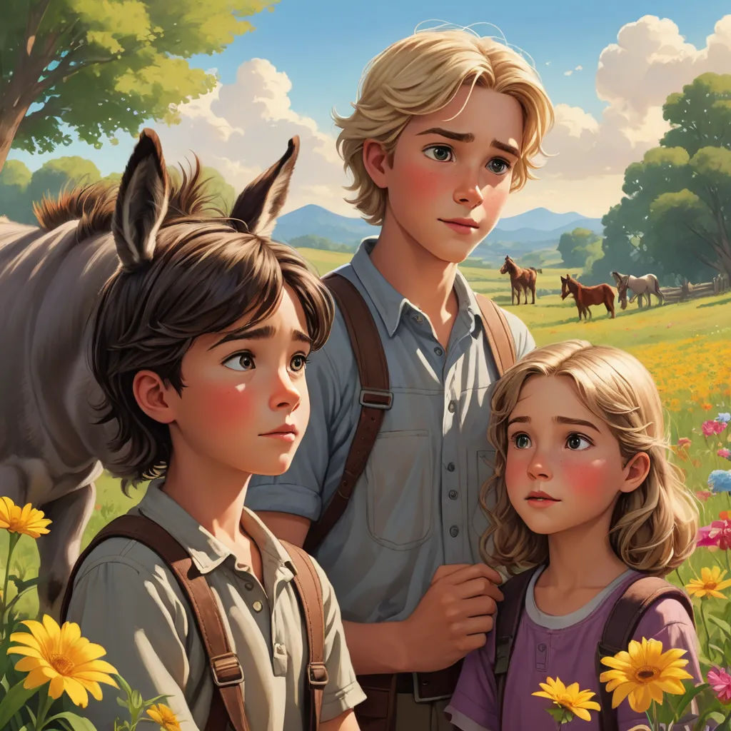 a painting of two children and a horse in a field of flowers with a man and a woman standing next to them, american scene painting, a storybook illustration, Brothers Hildebrandt, official art