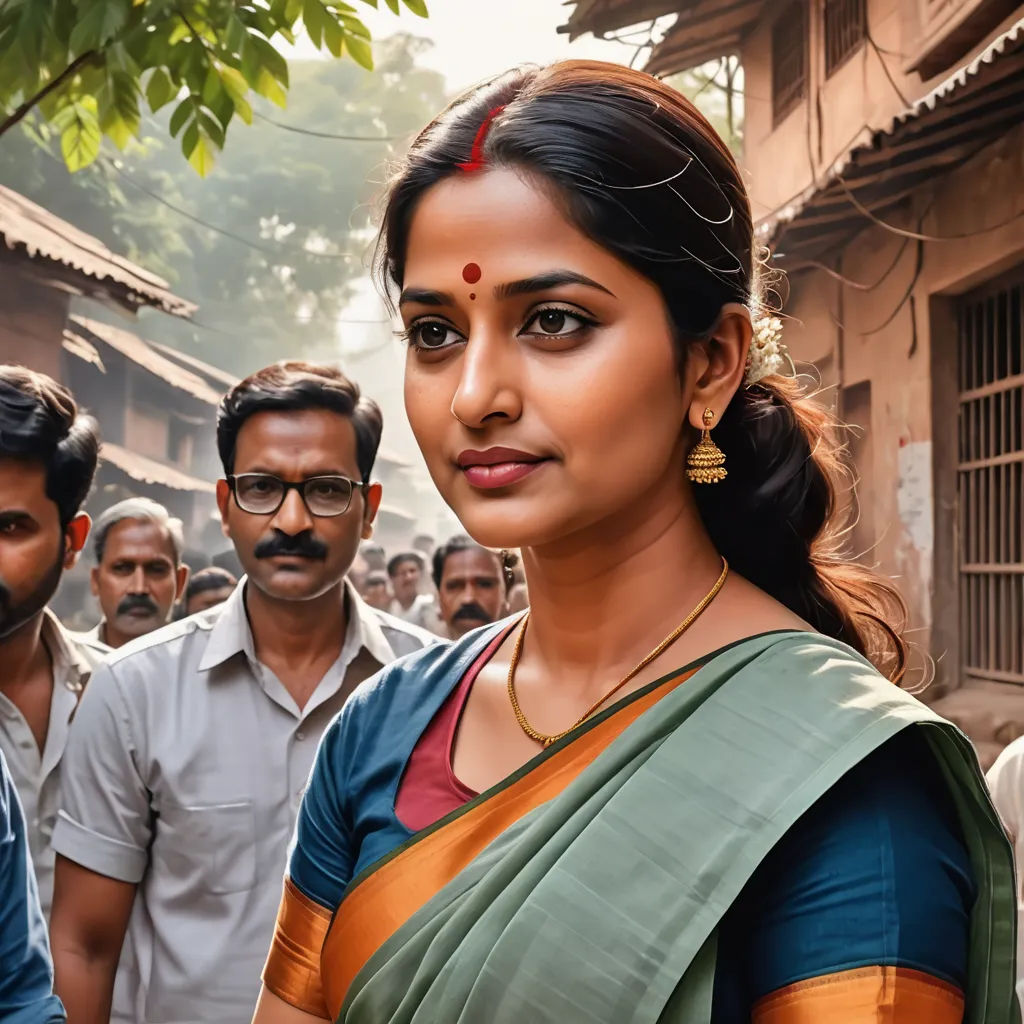 a woman in a sari standing in front of a group of people in a village in india,, samikshavad, a poster, Ella Guru, movie still