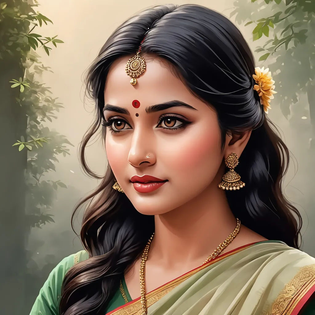 a painting of a woman in a green sari with a gold necklace and earrings on her head and a green background, fantasy art, a detailed painting, Ella Guru, professional digital painting