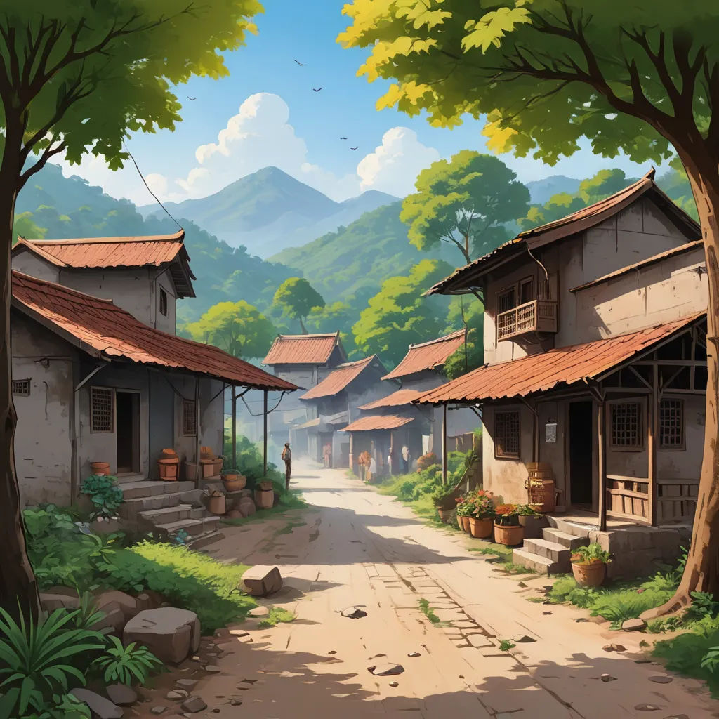 a painting of a village with a dirt road and trees on both sides of the village and mountains in the distance, american scene painting, a detailed matte painting, Andreas Rocha, 2 d game art
