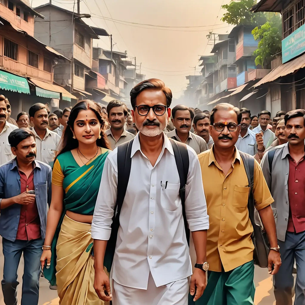 a man with a beard and glasses walking down a street with a group of people behind him in a city, samikshavad, a poster, Bholekar Srihari, movie still