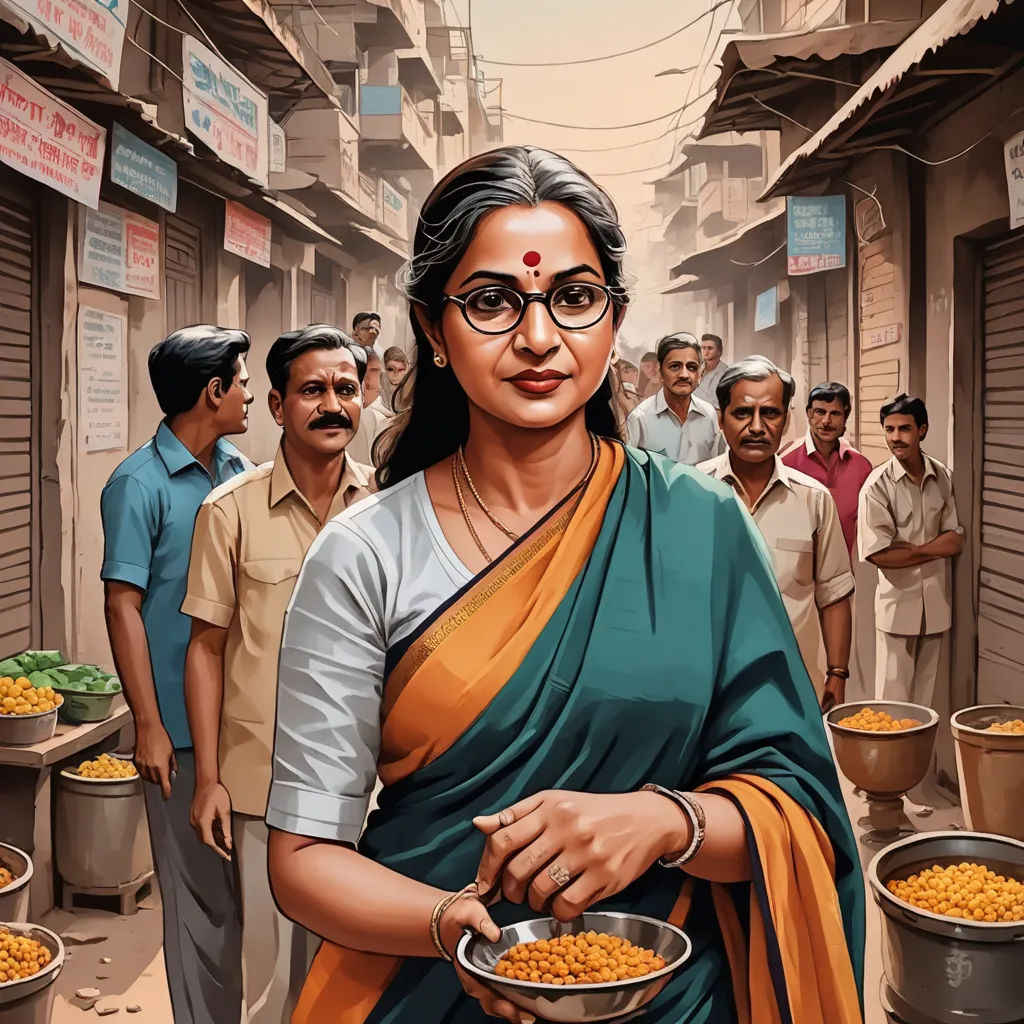 a woman in a sari holding a bowl of food in front of a crowd of people on a street, samikshavad, poster art, Ella Guru, official art