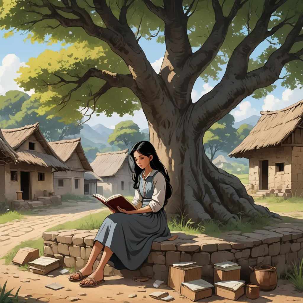 a woman sitting on a stone wall reading a book under a tree in a village with a stone wall and a stone pathway, fantasy art, a storybook illustration, Christophe Vacher, storybook illustration