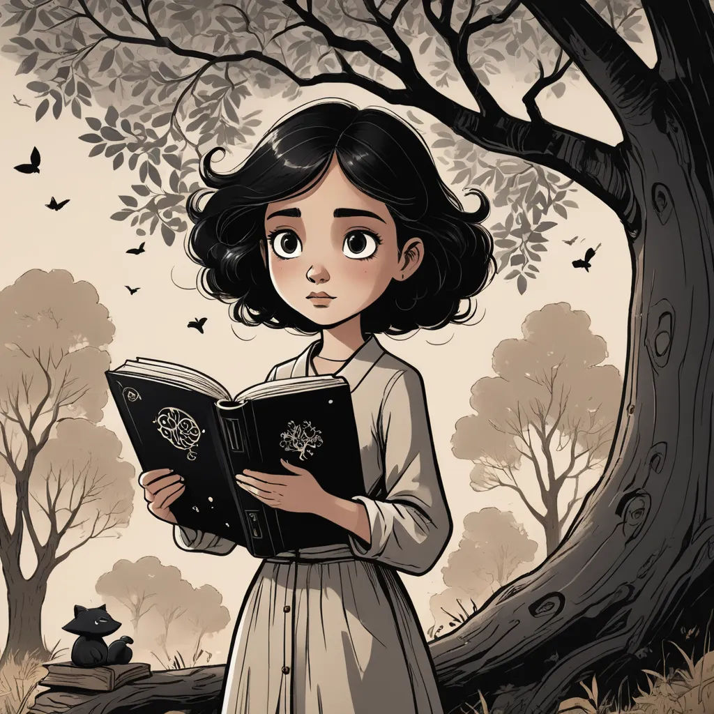 a girl is reading a book in a forest with a cat in the background and a tree with a bird on it, gothic art, a storybook illustration, Clarice Beckett, storybook illustration