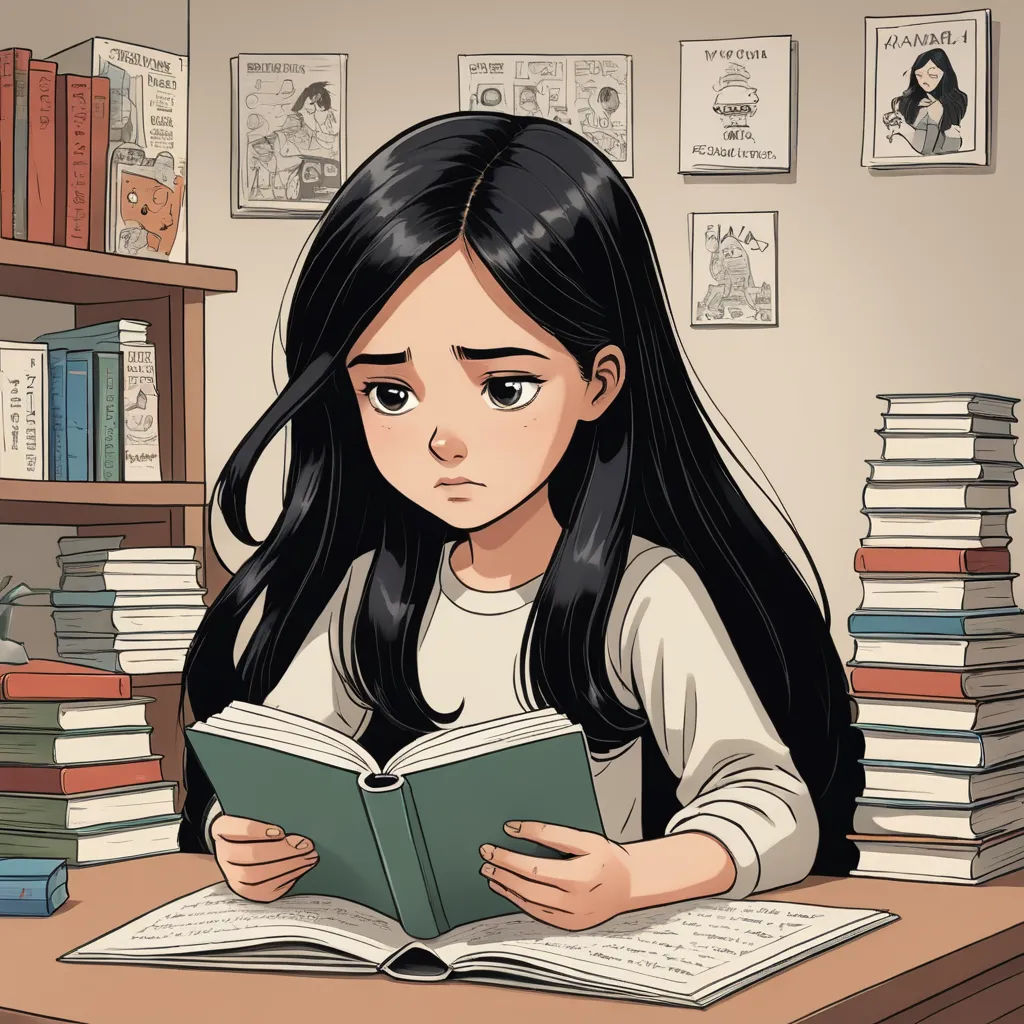 a girl reading a book in front of a desk full of books and bookshelves with books on the shelves, fantasy art, a storybook illustration, Clarice Beckett, storybook illustration