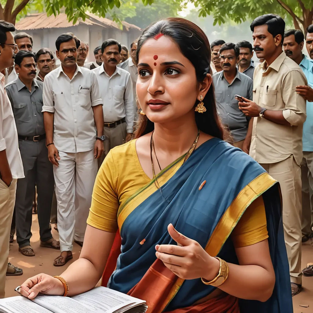 a woman in a sari holding a book in front of a crowd of people in india, with a man in the background, samikshavad, a poster, Ella Guru, movie still