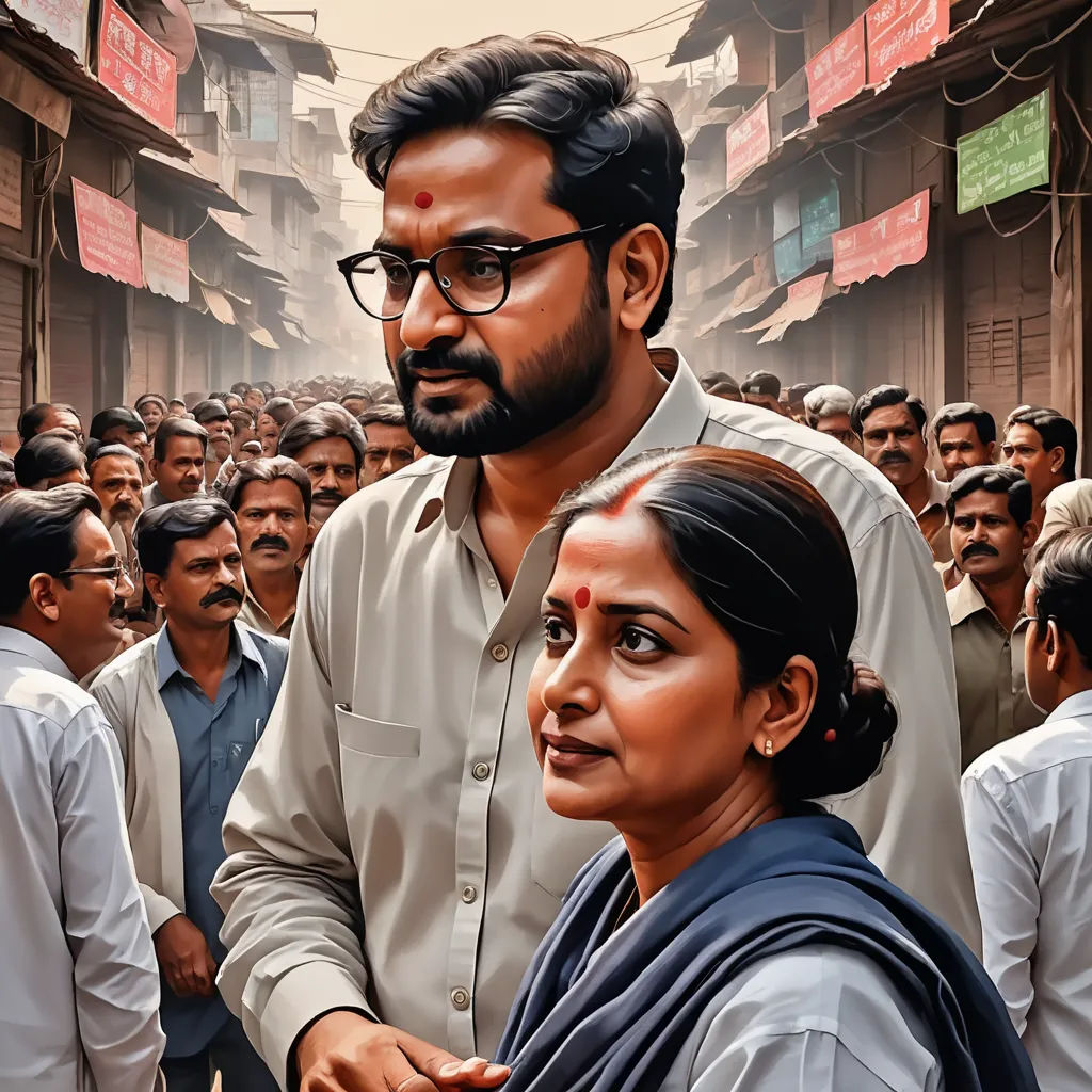 a man and woman standing in front of a crowd of people in india, with a man in the middle of the picture, samikshavad, a detailed matte painting, Ella Guru, movie still