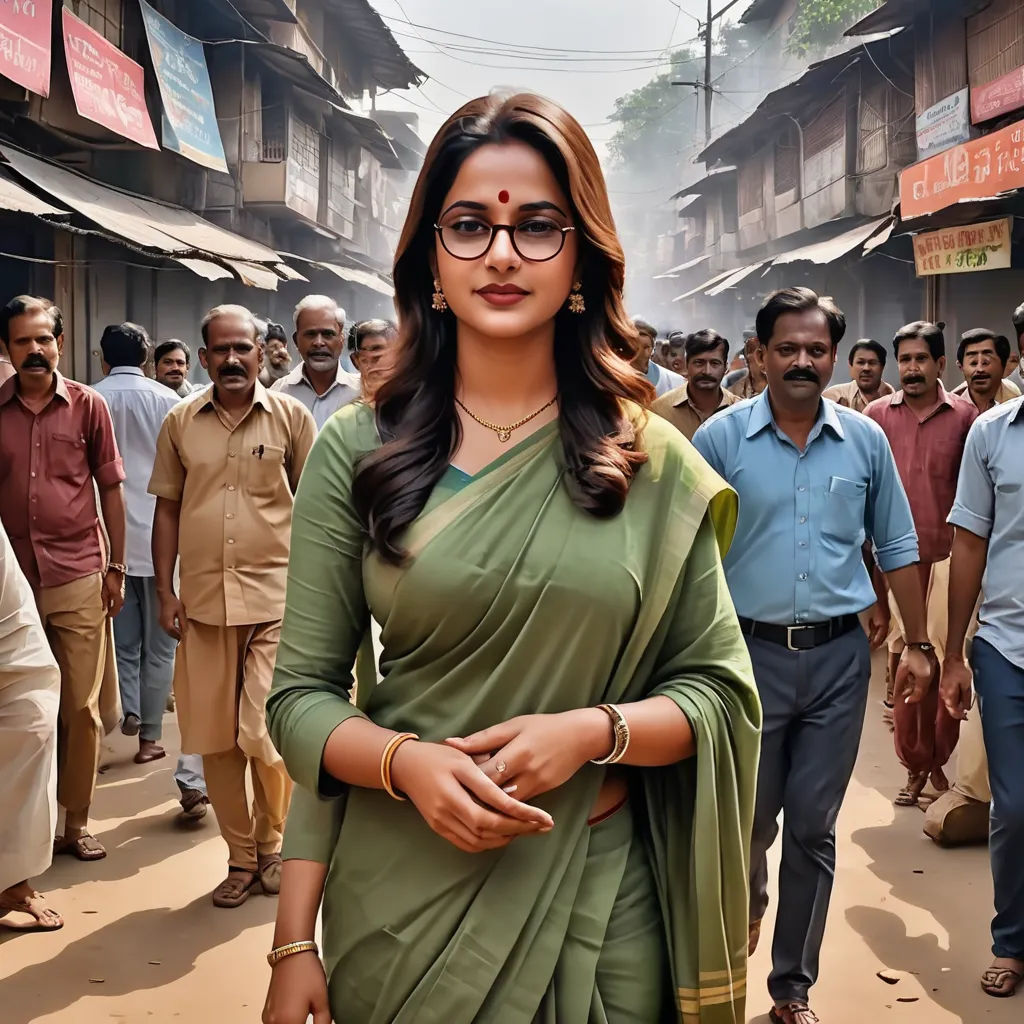 a woman in a green sari standing in front of a crowd of people on a street with a man in the background, samikshavad, a photocopy, Ella Guru, movie still