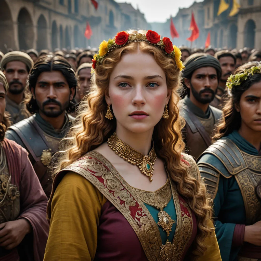 a woman in a crown and a group of men in costume standing in a line in front of a crowd, antipodeans, a renaissance painting, Altoon Sultan, vfx