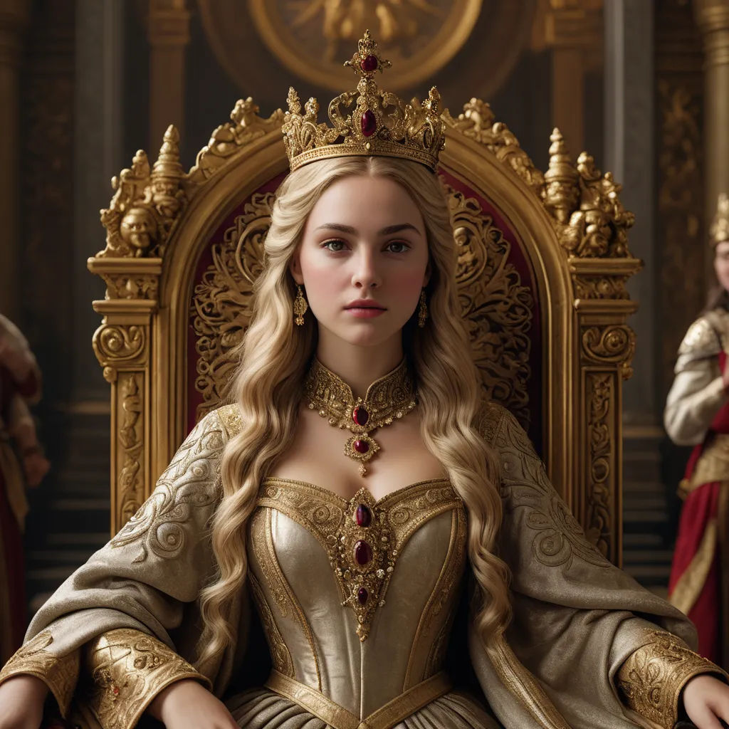 a woman in a golden dress sitting on a golden throne with a crown on her head and a red dress on, renaissance, a flemish Baroque, Araceli Gilbert, promotional image