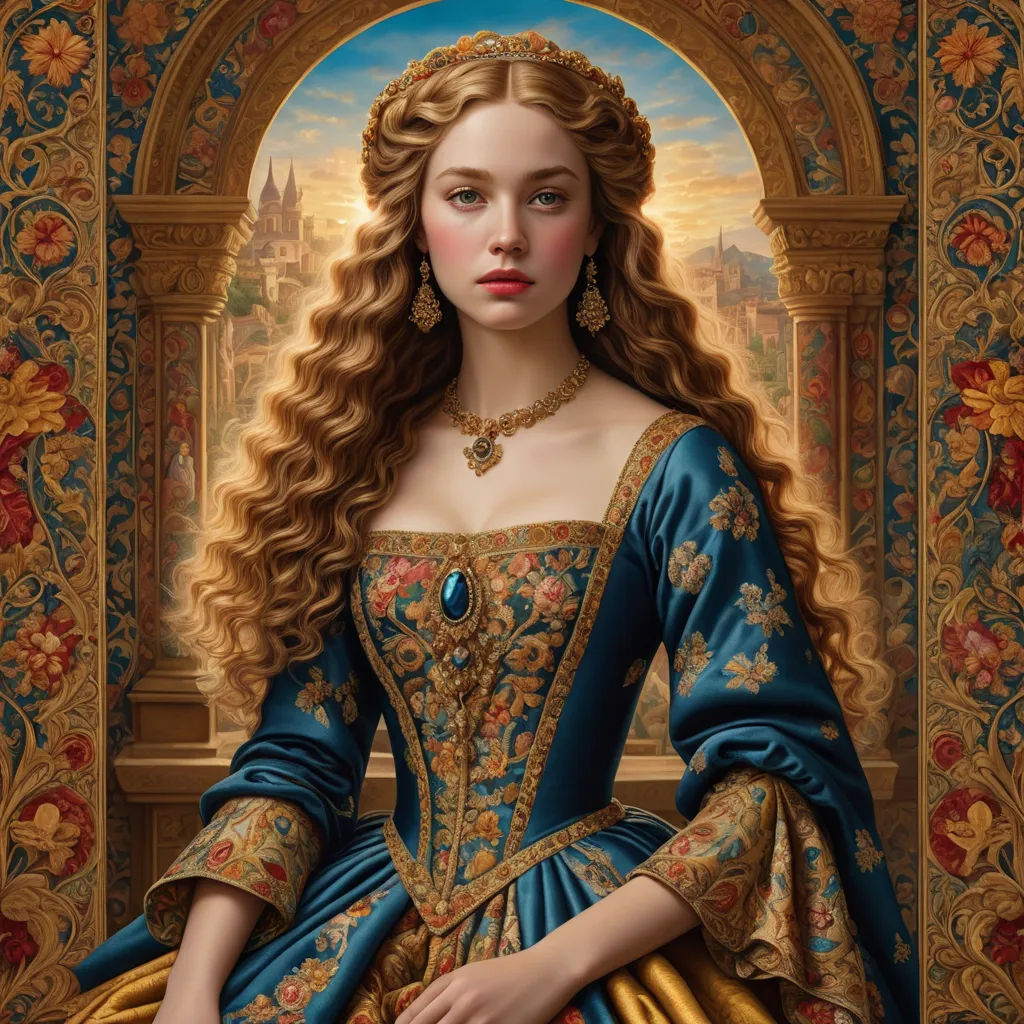 a painting of a woman in a blue dress with a gold crown and a blue dress with a gold trim, fantasy art, a detailed painting, Donato Giancola, highly detailed digital painting