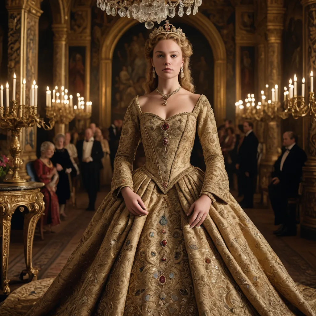 a woman in a golden gown standing in a room with chandeliers and candles on the walls and a chandelier hanging from the ceiling, rococo, a flemish Baroque, Celia Fiennes, promotional image