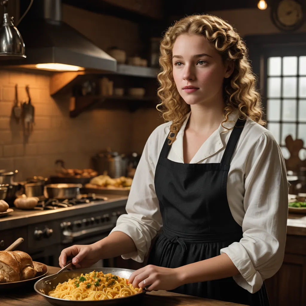 a woman in an apron is preparing food in a kitchen with a large pan of pasta on the counter, arts and crafts movement, an impressionist painting, Anne Said, movie still