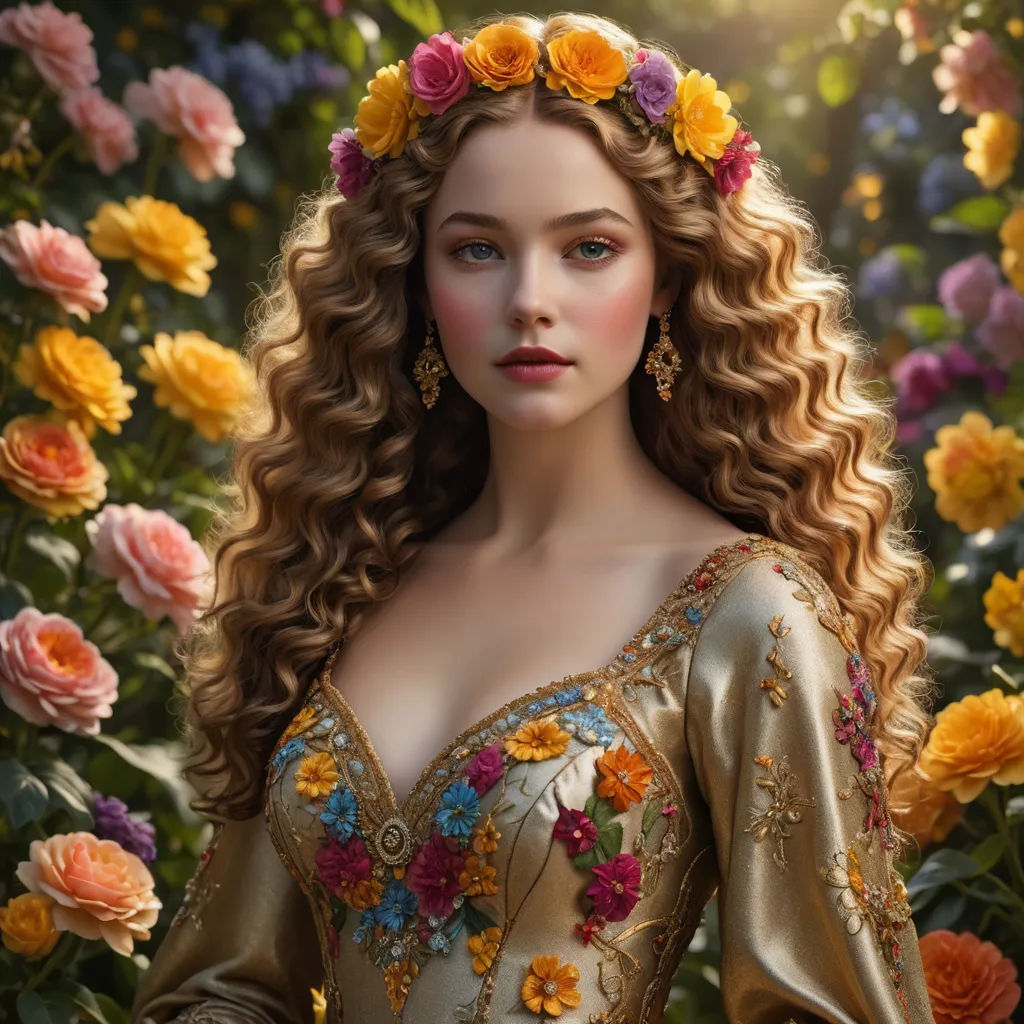 a woman with long hair wearing a flower crown in a garden of flowers with a sun shining behind her, fantasy art, a detailed painting, Anna Dittmann, highly detailed digital painting