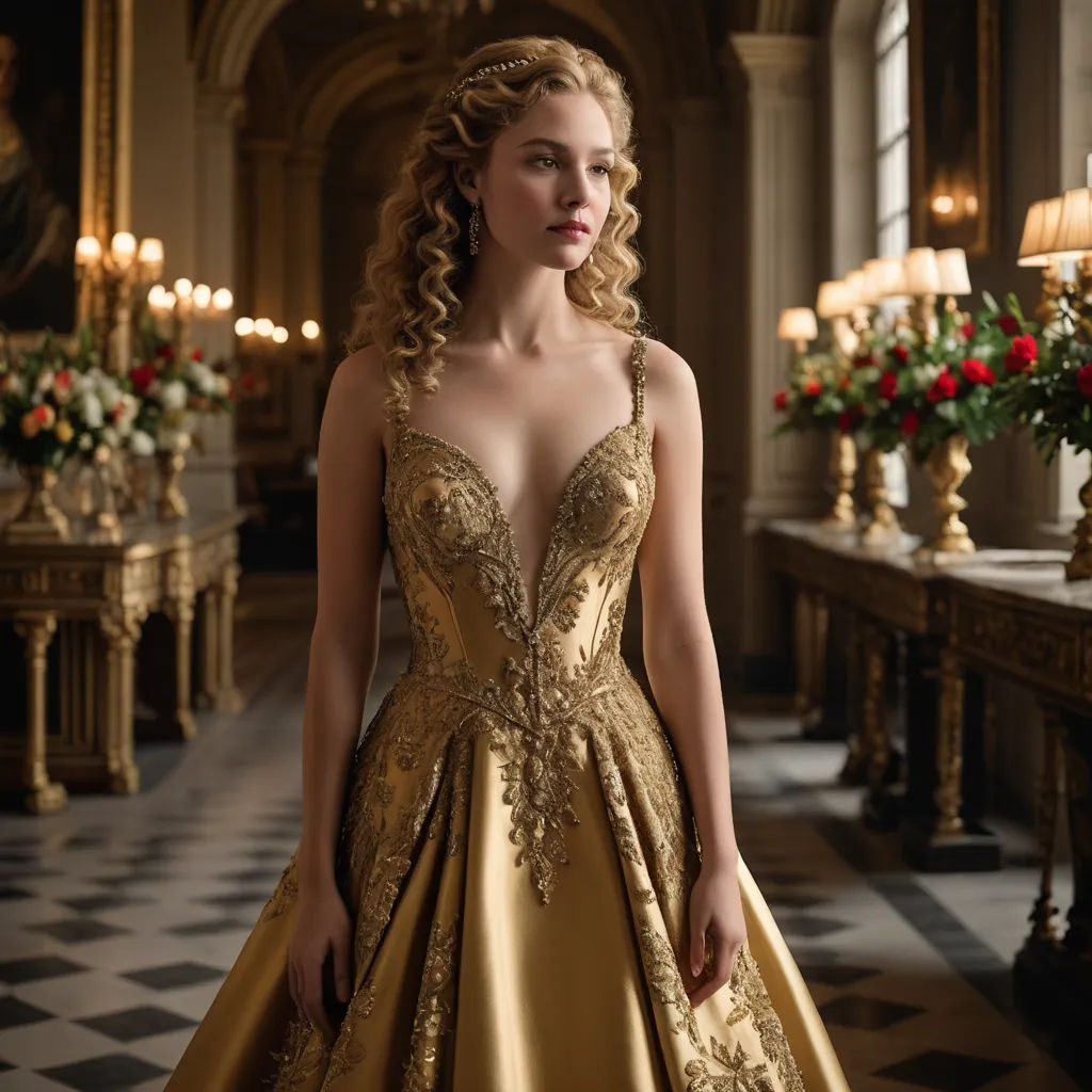 a woman in a gold dress standing in a room with candles and flowers in the background and a chandelier, rococo, a flemish Baroque, Constance-Anne Parker, movie still