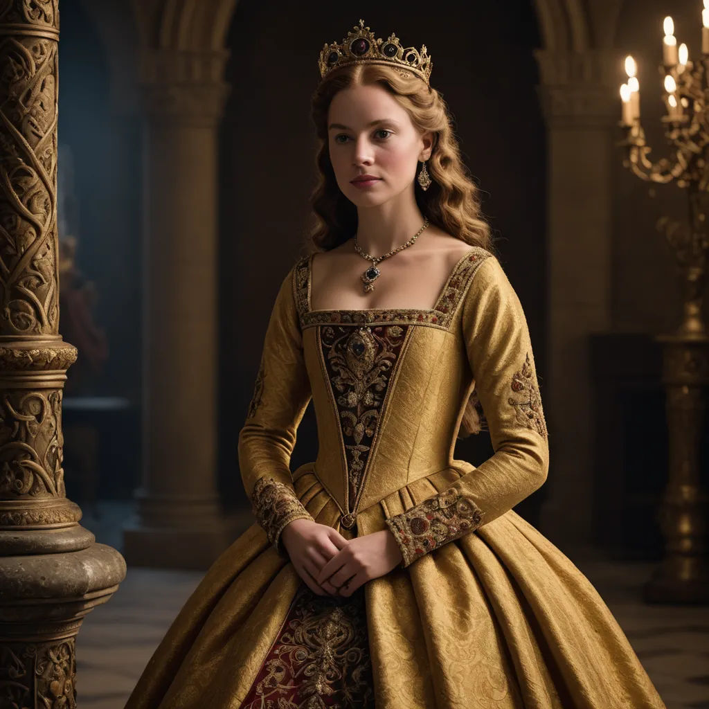 a woman in a yellow dress standing in a room with chandeliers and a chandelier on, renaissance, a flemish Baroque, Anna Maria Barbara Abesch, promotional image